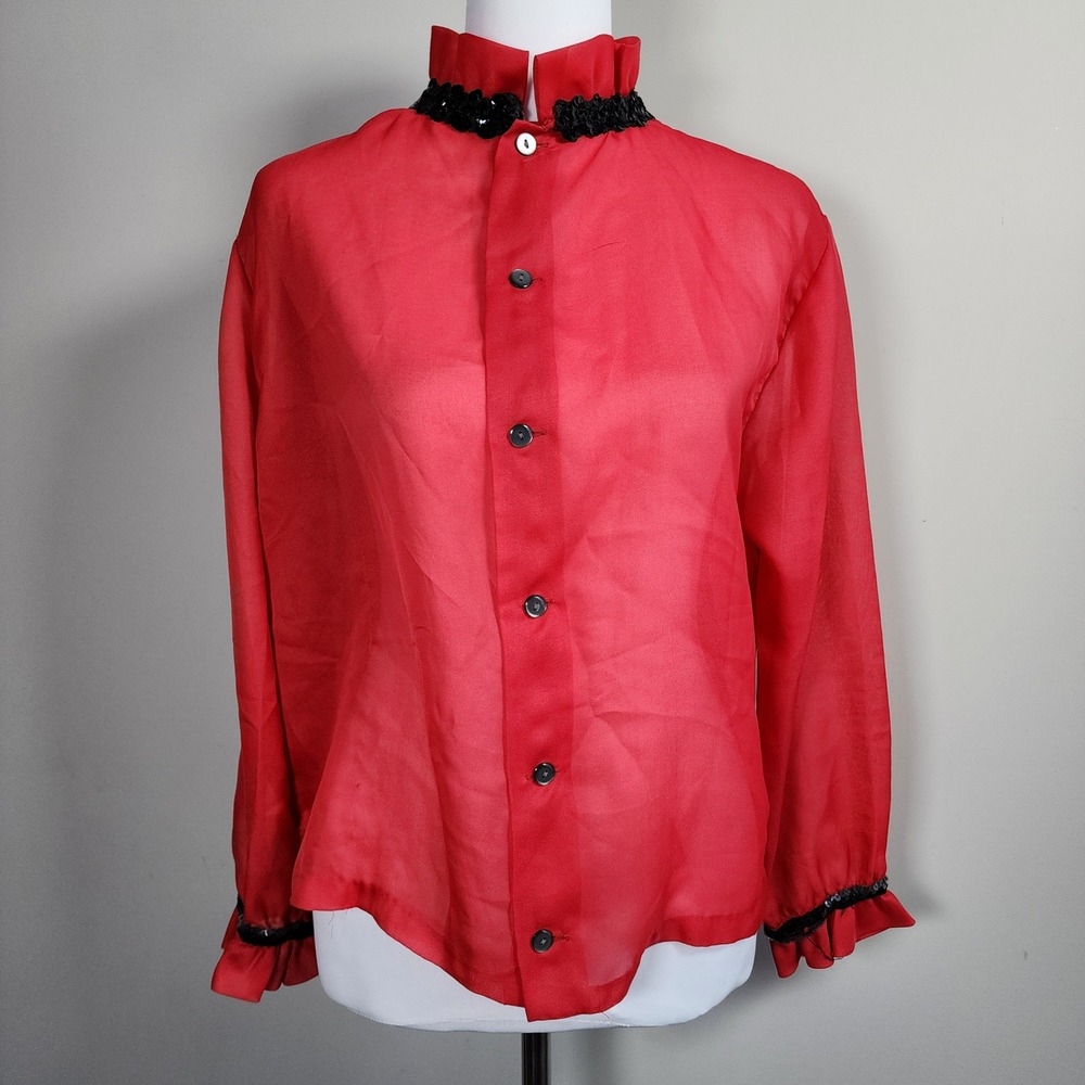 VTG‎ 70s Trevira Sheer Ruffle Blouse Womens Large Red Black Sequin Romantic Top